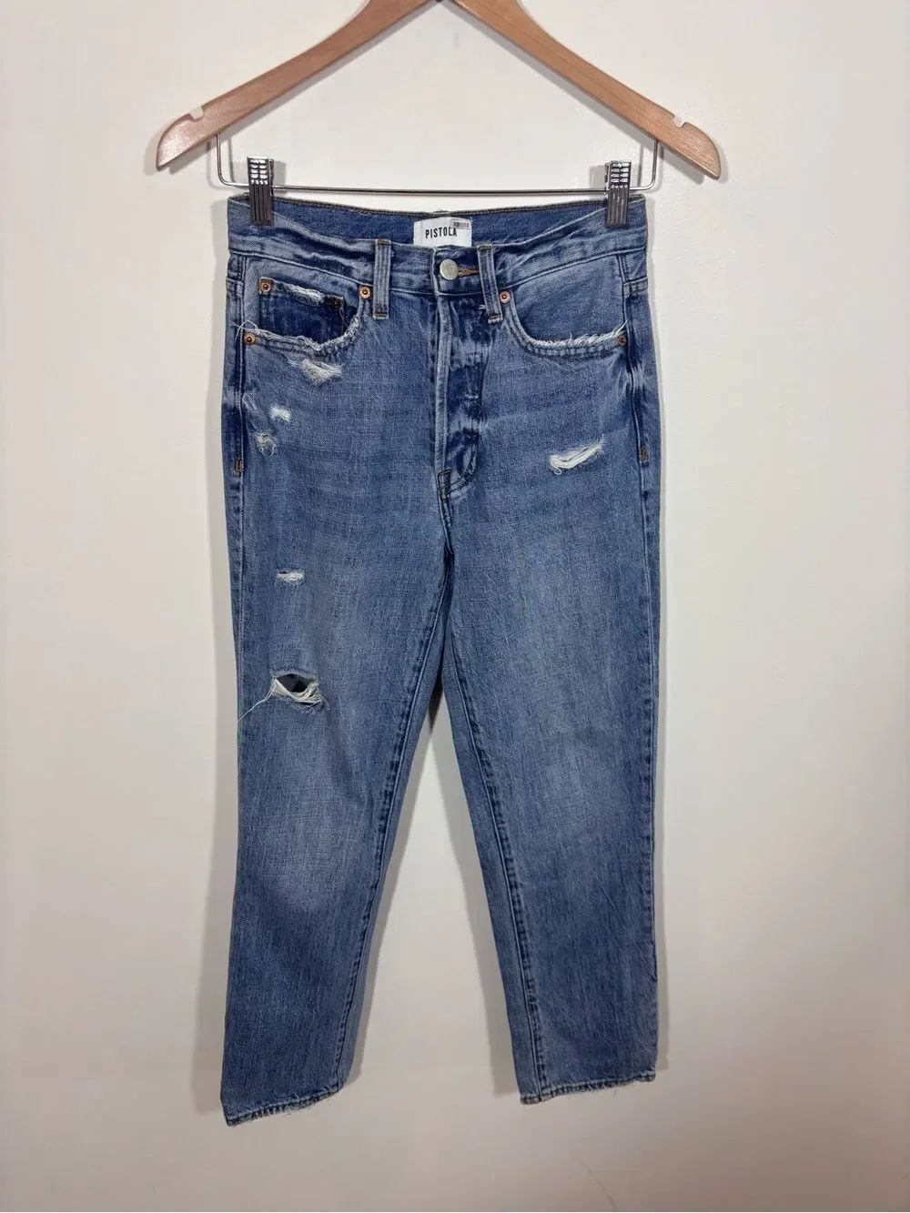Pistola Charlie High Rise Straight Denim Jeans Size 24 Distressed Button Fly